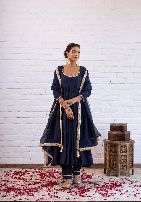 Navy Blue Beads Work Silk Anarkali Set