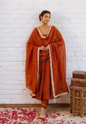 Orange Rust Beads Work Silk Blend Anarkali Set