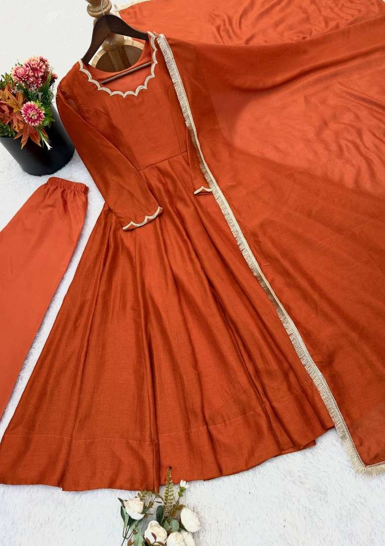 Orange Rust Beads Work Silk Blend Anarkali Set - Indya