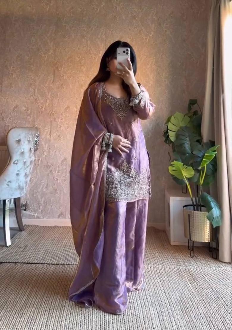 Lavender Sequin Work Silk Palazzo Set - Indya