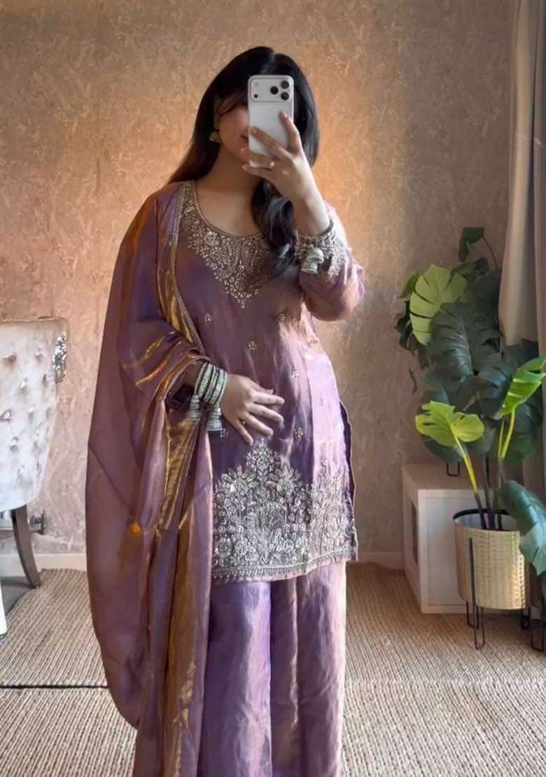 Lavender Sequin Work Silk Palazzo Set - Indya