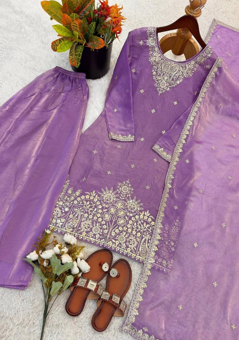 Lavender Sequin Work Silk Palazzo Set - Indya