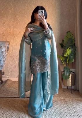 Sky Blue Sequin Work Silk Palazzo Set