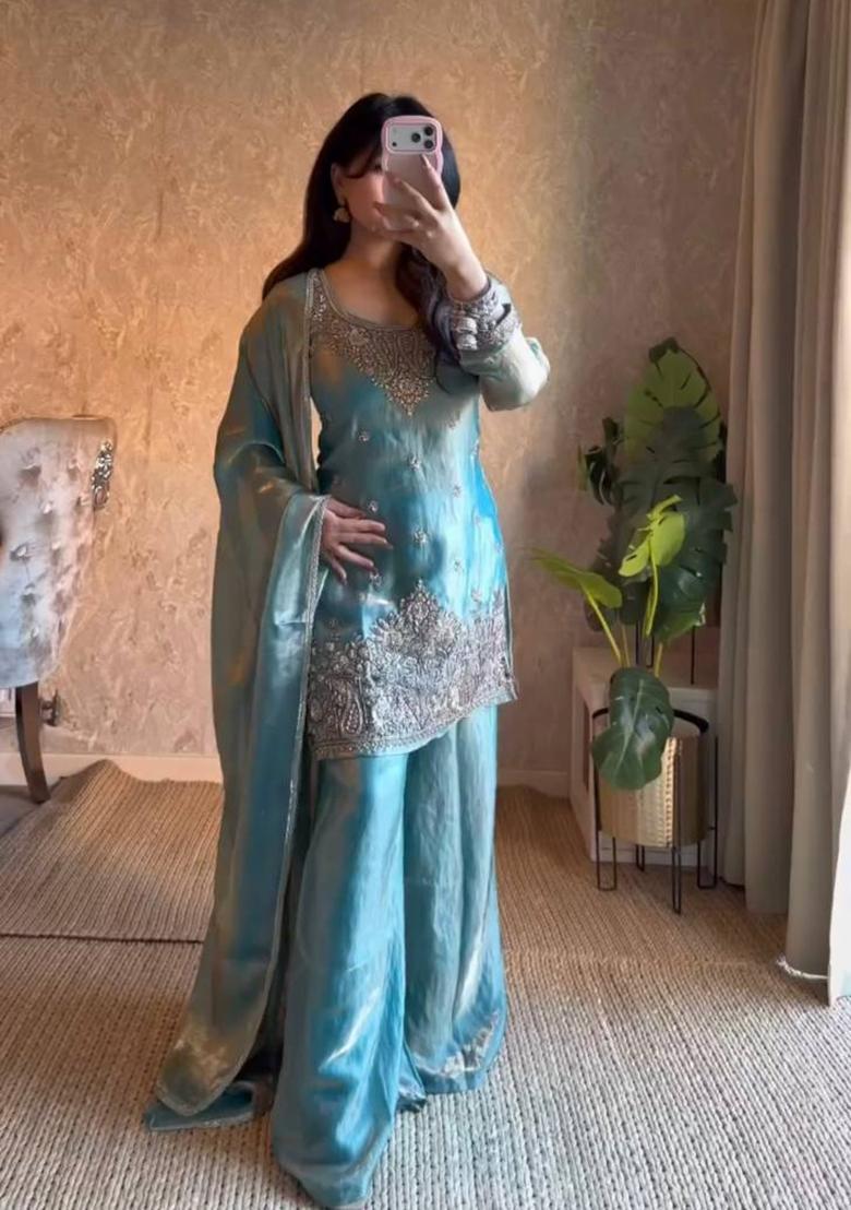 Sky Blue Sequin Work Silk Palazzo Set - Indya