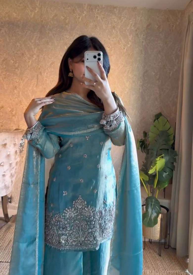 Sky Blue Sequin Work Silk Palazzo Set - Indya