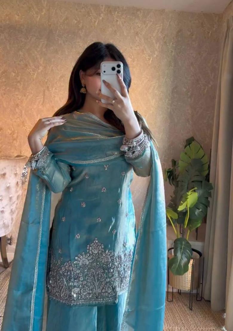 Sky Blue Sequin Work Silk Palazzo Set - Indya