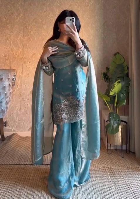 Sky Blue Sequin Work Silk Palazzo Set