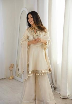 Off White Mirror Work Silk Palazzo Set