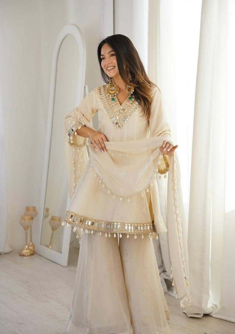 Off White Mirror Work Silk Palazzo Set - Indya