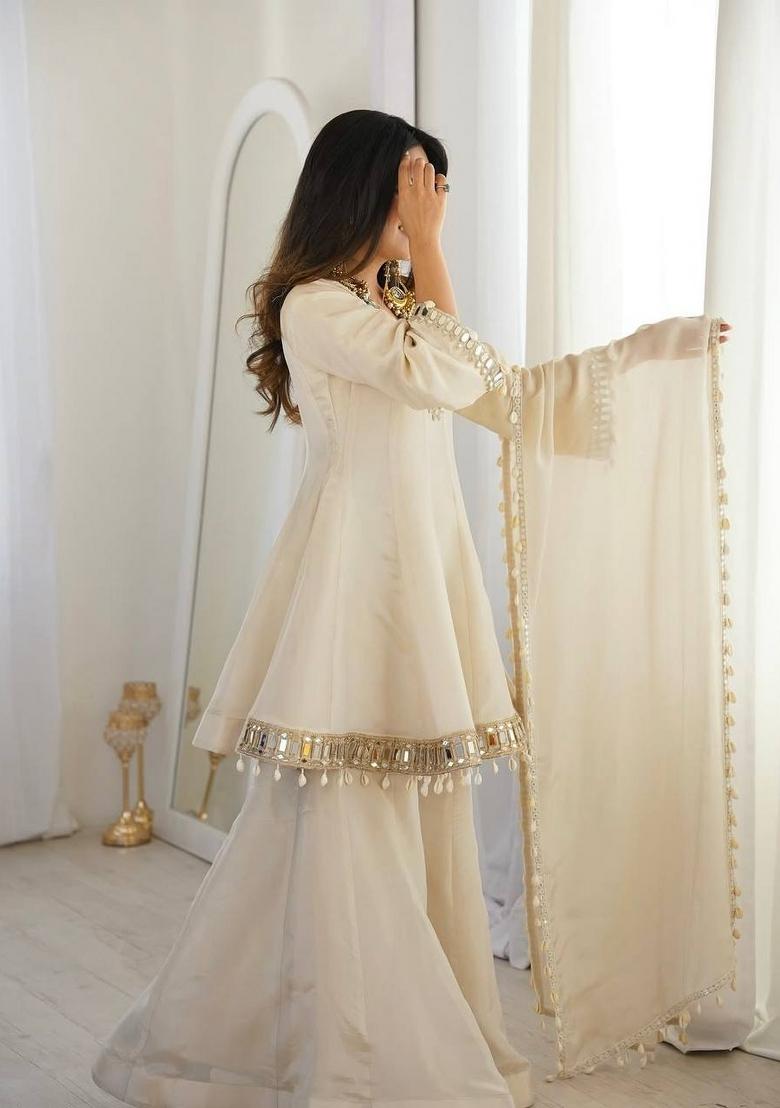 Off White Mirror Work Silk Palazzo Set - Indya