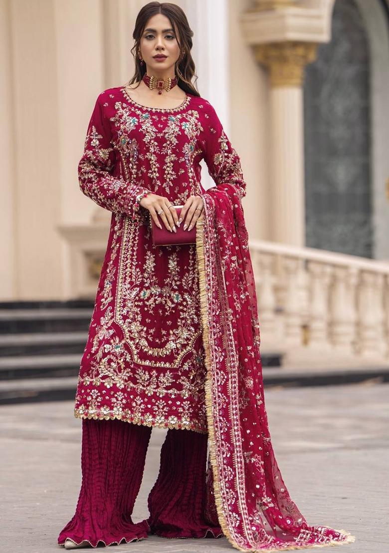 Rani Pink Sequin Work Georgette Palazzo Set - Indya