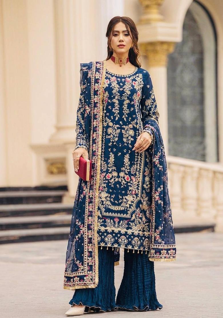 Teal Blue Sequin Work Georgette Palazzo Set - Indya