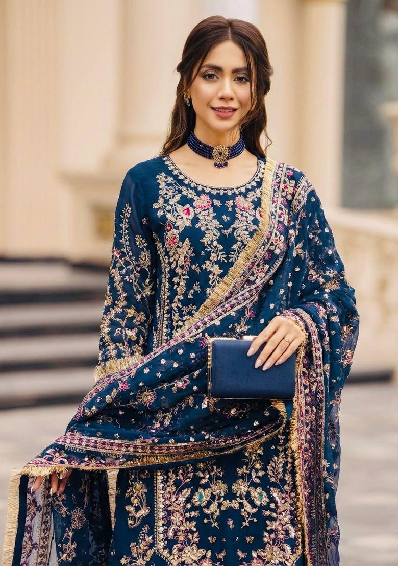 Teal Blue Sequin Work Georgette Palazzo Set - Indya