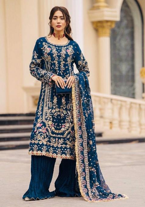 Teal Blue Sequin Work Georgette Palazzo Set