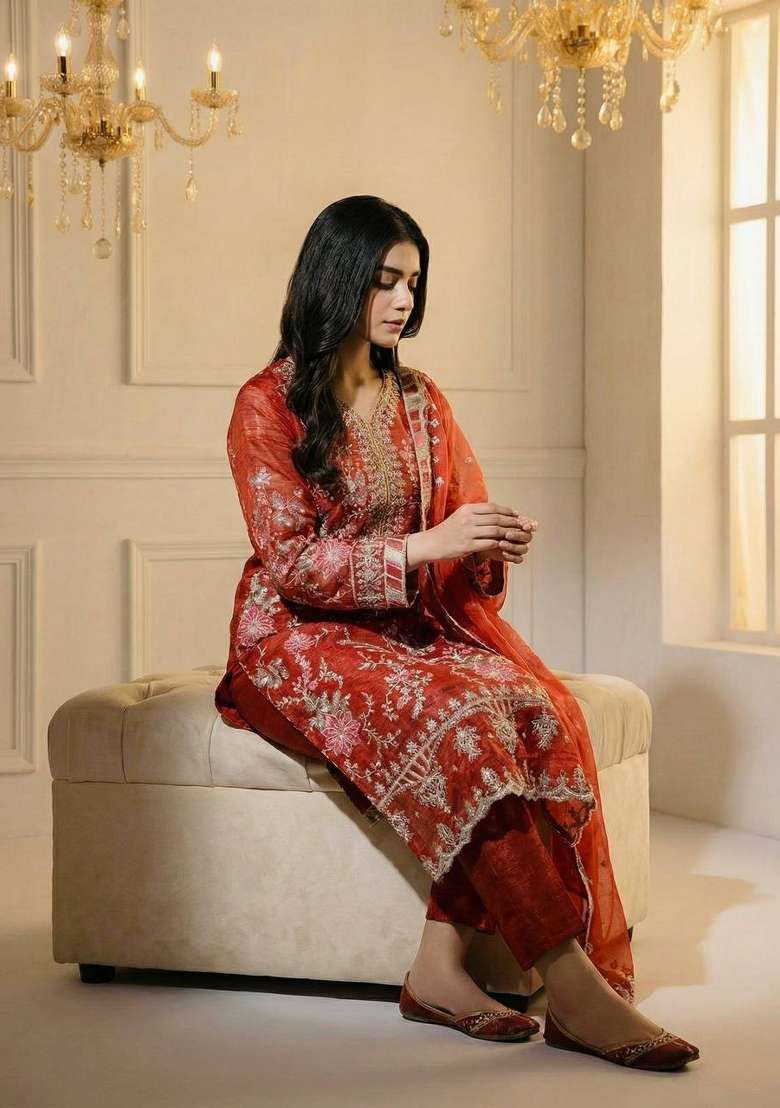 Orange Sequin Work Silk Blend Kurta Set - Indya