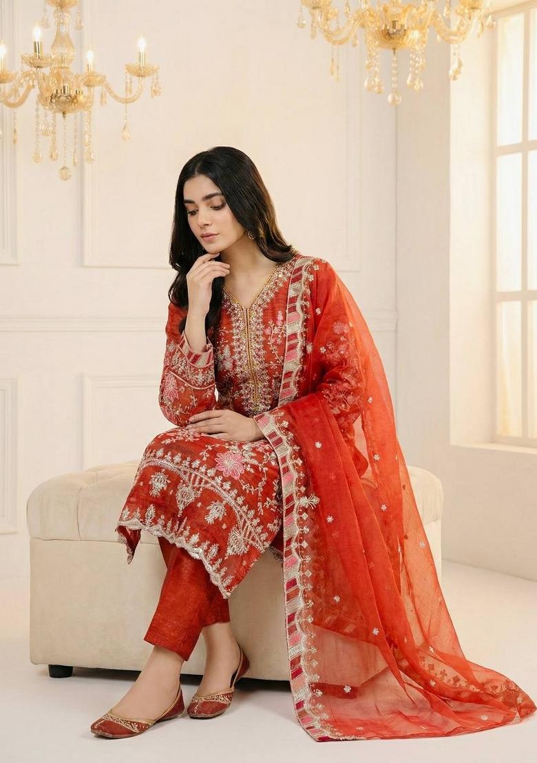 Orange Sequin Work Silk Blend Kurta Set - Indya