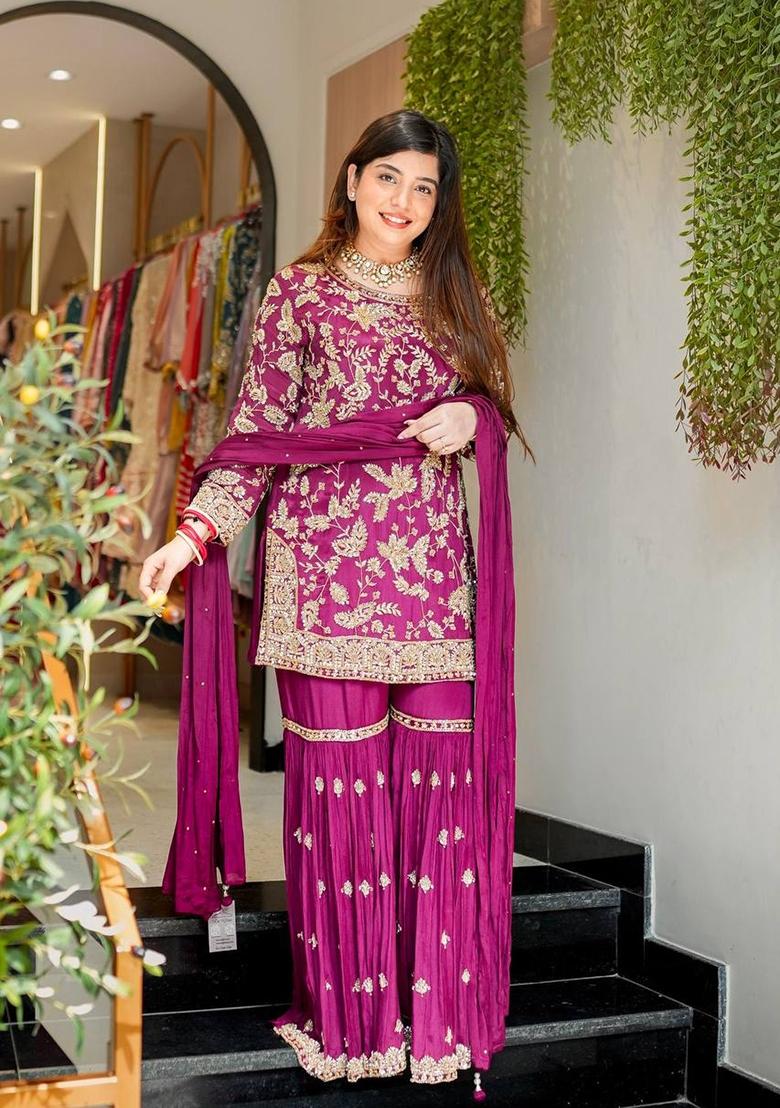 Lavender Sequin Work Georgette Palazzo Set - Indya