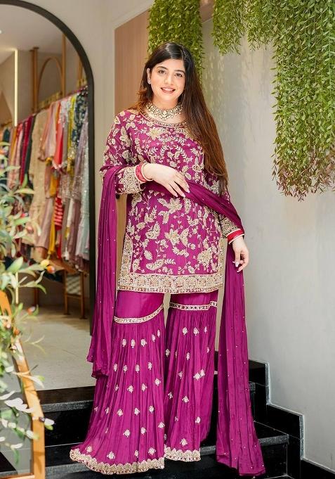Lavender Sequin Work Georgette Palazzo Set