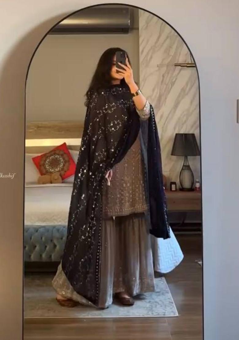 Silver Sequin Work Georgette Sharara Suit - Indya