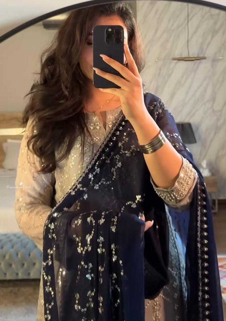 Silver Sequin Work Georgette Sharara Suit - Indya