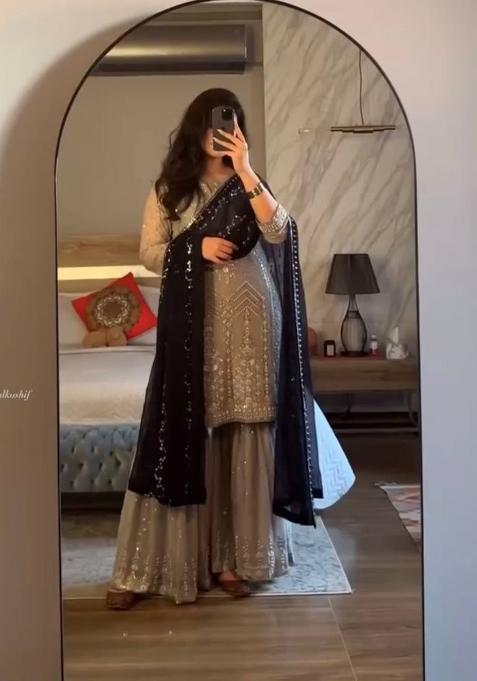 Silver Sequin Work Georgette Sharara Suit