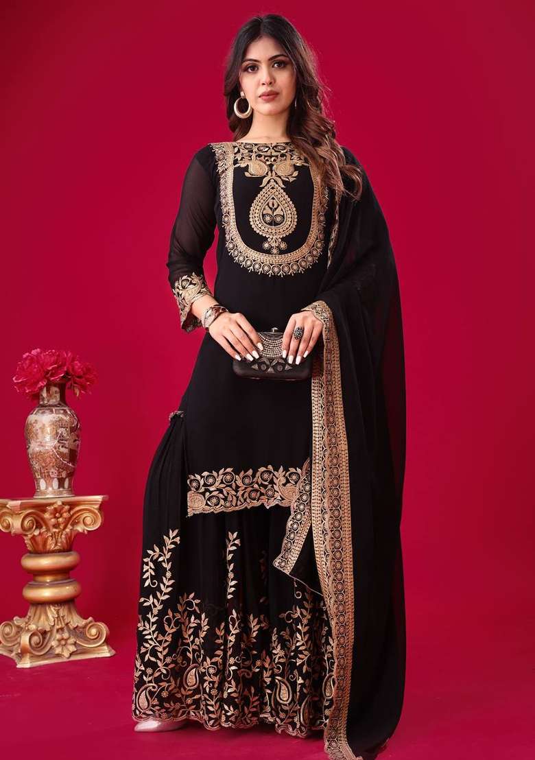Black Sequin Work Georgette Palazzo Set - Indya