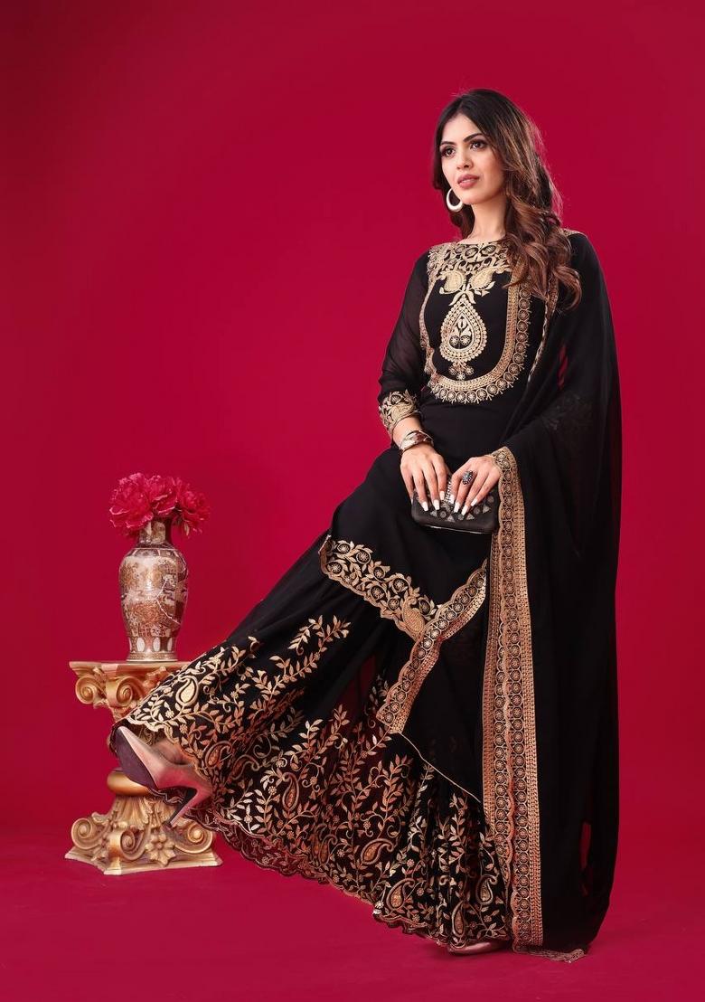 Black Sequin Work Georgette Palazzo Set - Indya