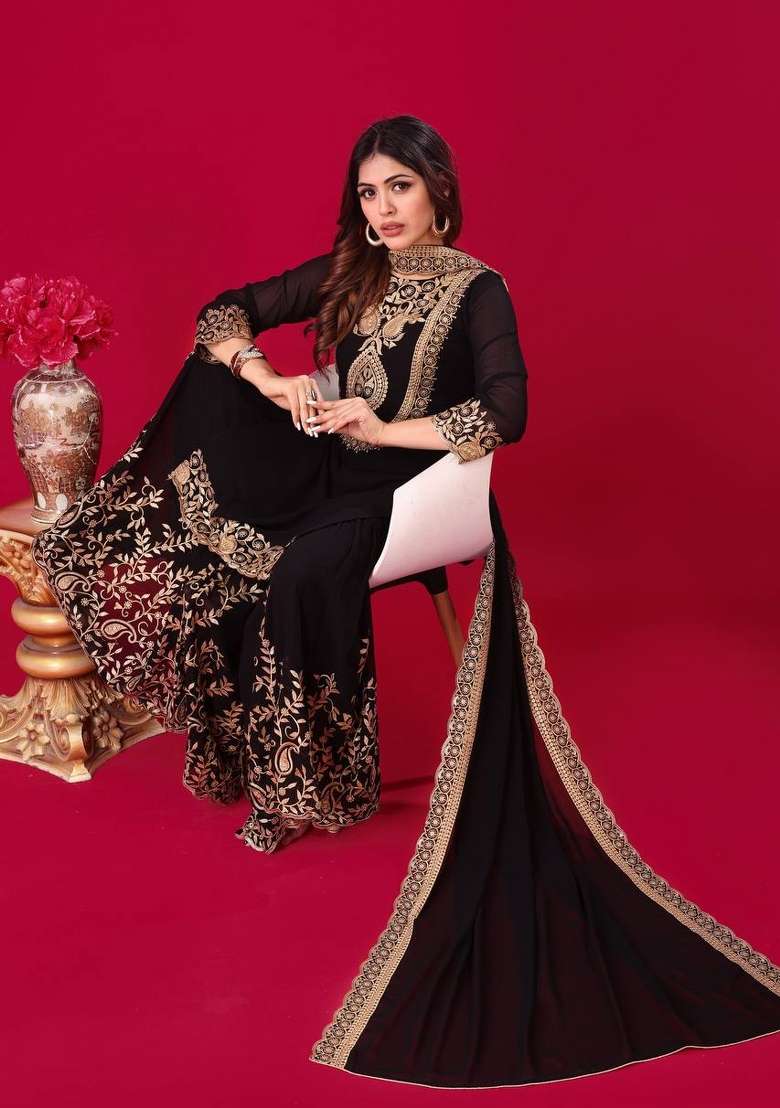 Black Sequin Work Georgette Palazzo Set - Indya