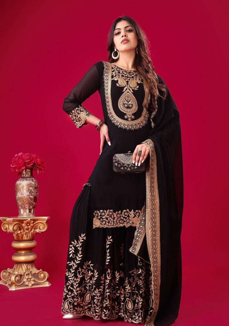 Black Sequin Work Georgette Palazzo Set - Indya