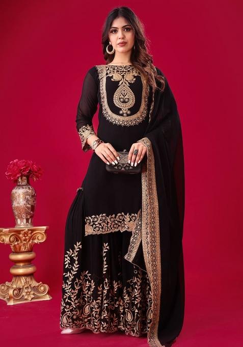 Black Sequin Work Georgette Palazzo Set