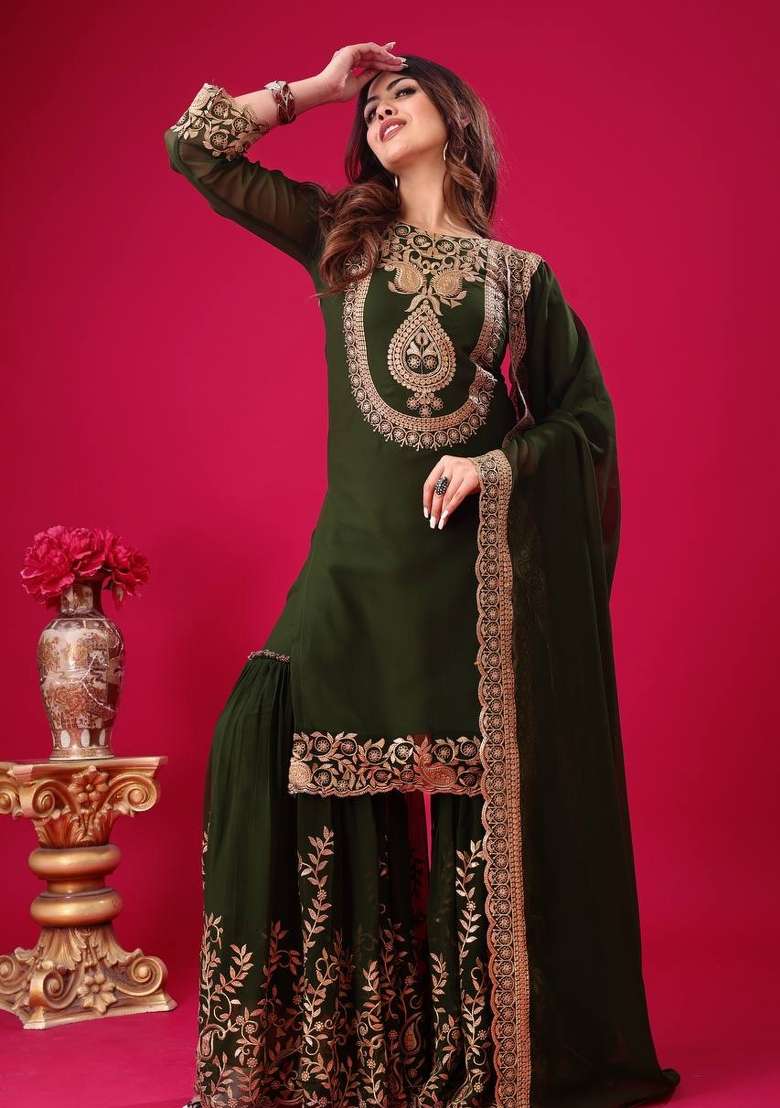 Dark Green Sequin Work Georgette Palazzo Set - Indya