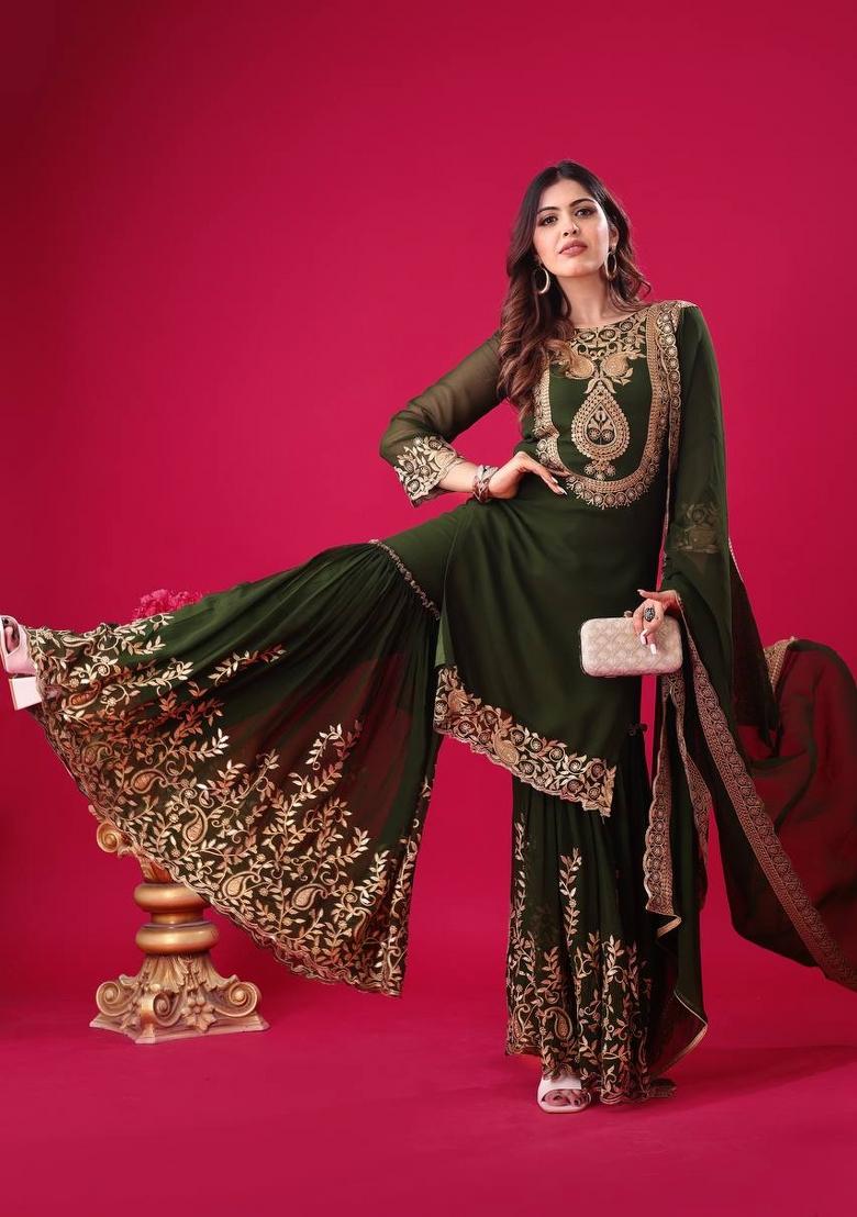Dark Green Sequin Work Georgette Palazzo Set - Indya