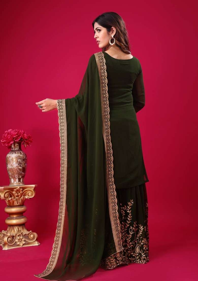 Dark Green Sequin Work Georgette Palazzo Set - Indya