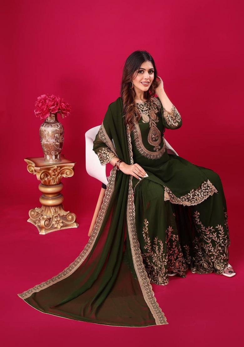 Dark Green Sequin Work Georgette Palazzo Set - Indya