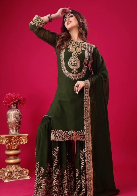 Dark Green Sequin Work Georgette Palazzo Set
