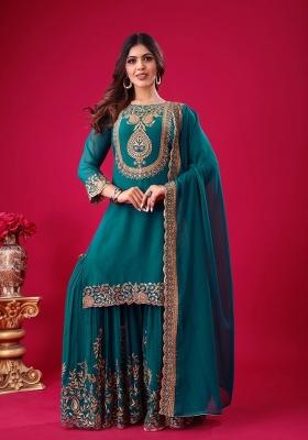 Teal Blue Sequin Work Georgette Palazzo Set