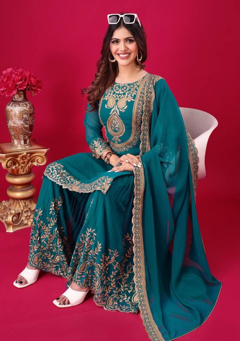 Teal Blue Sequin Work Georgette Palazzo Set - Indya