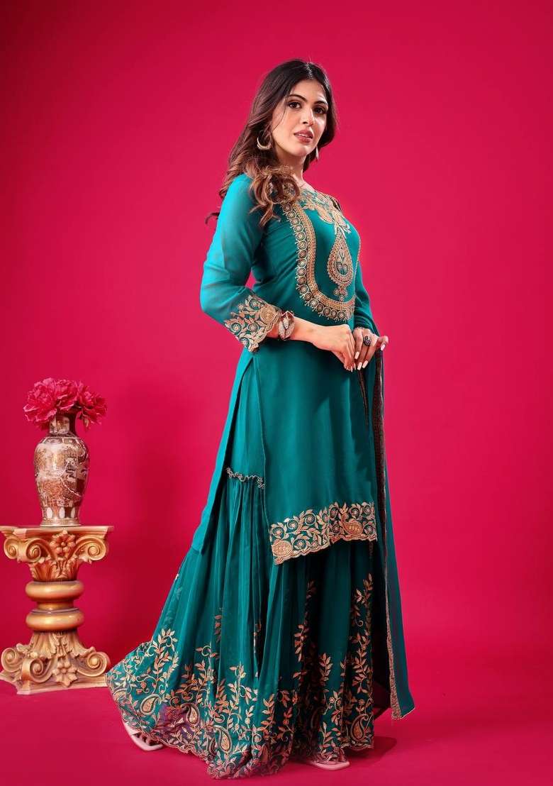 Teal Blue Sequin Work Georgette Palazzo Set - Indya