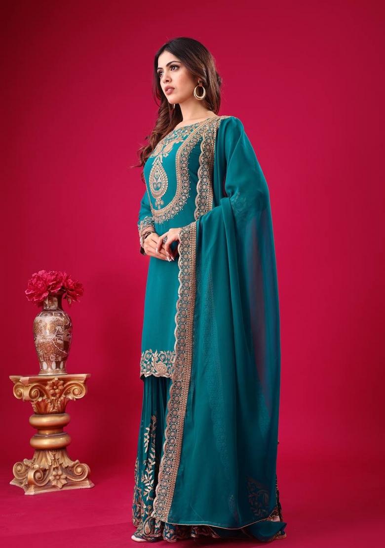 Teal Blue Sequin Work Georgette Palazzo Set - Indya