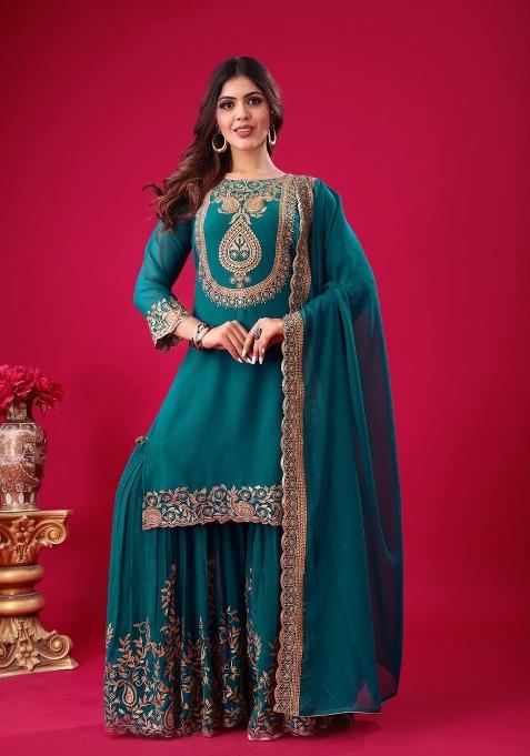 Teal Blue Sequin Work Georgette Palazzo Set
