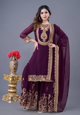Wine Sequin Work Georgette Palazzo Set