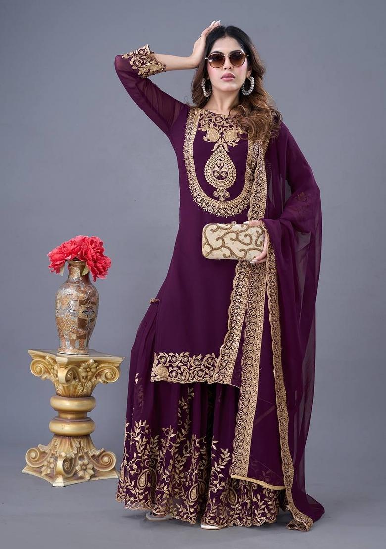 Wine Sequin Work Georgette Palazzo Set - Indya