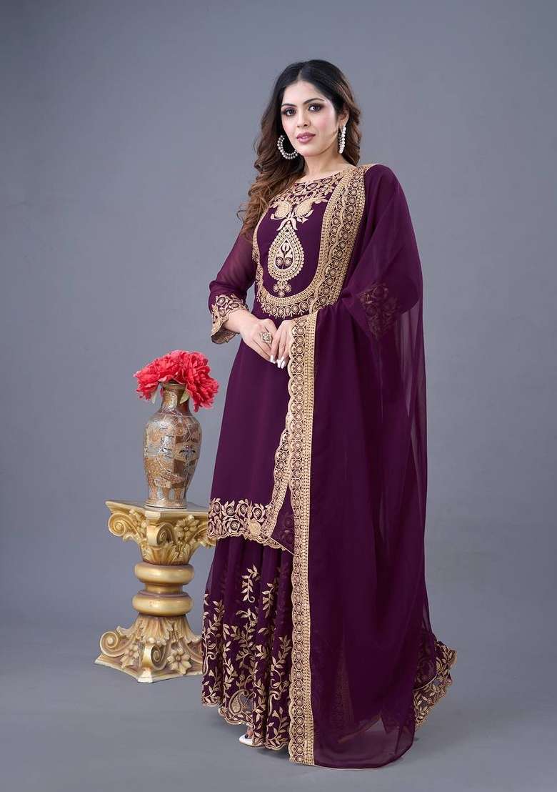 Wine Sequin Work Georgette Palazzo Set - Indya