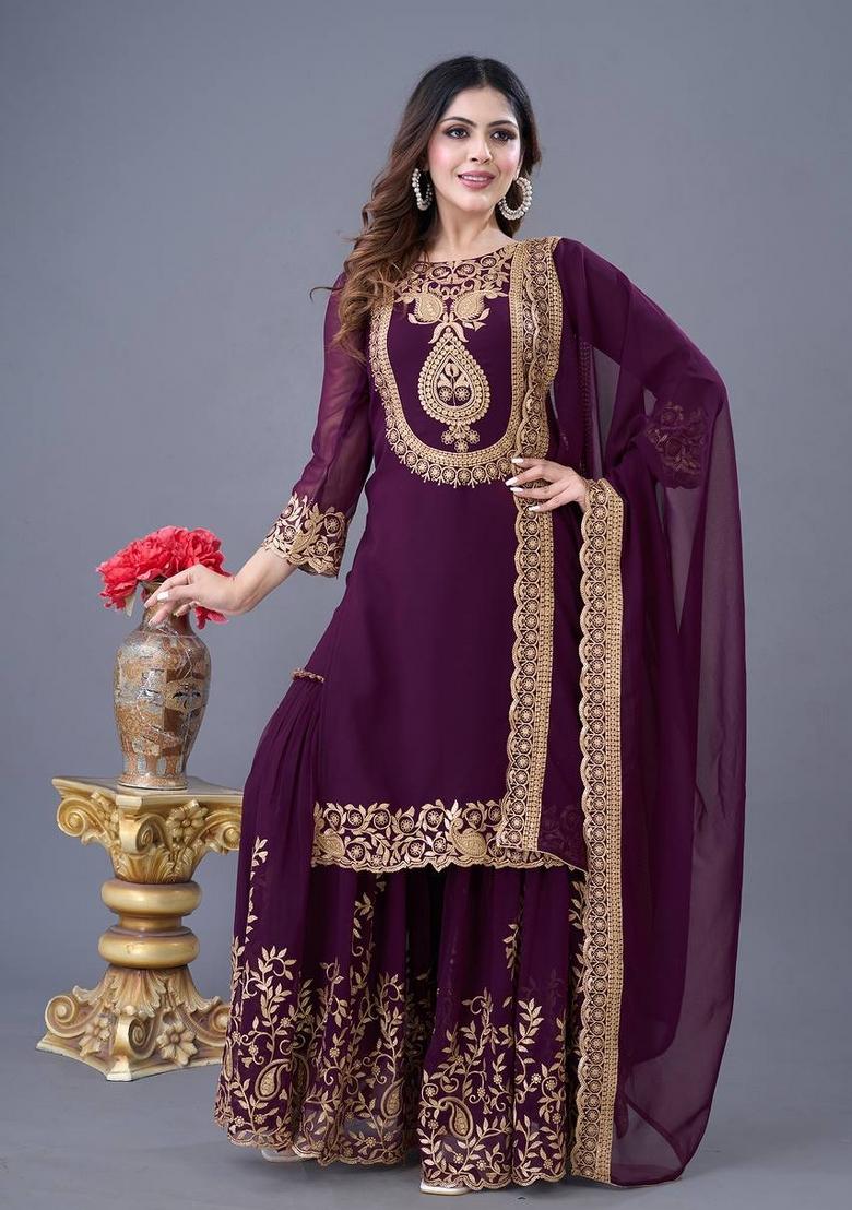Wine Sequin Work Georgette Palazzo Set - Indya