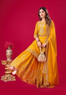 Yellow Sequin Work Georgette Palazzo Set