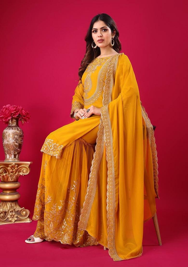 Yellow Sequin Work Georgette Palazzo Set - Indya