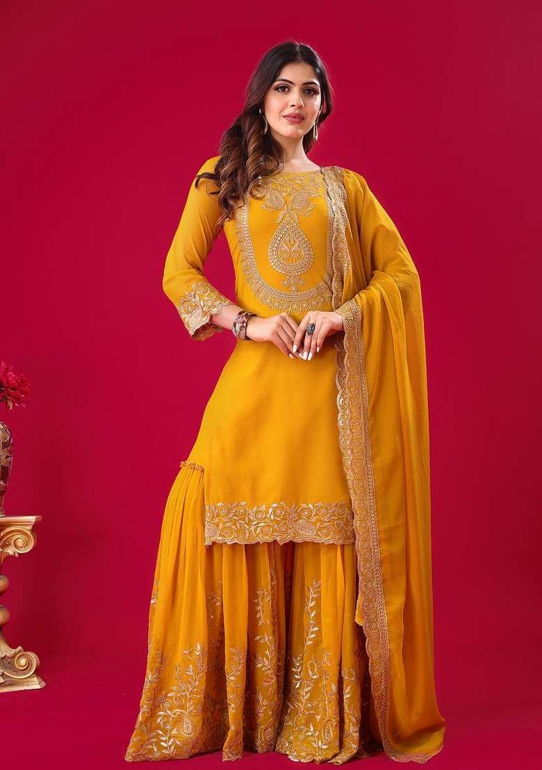 Yellow Sequin Work Georgette Palazzo Set - Indya