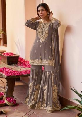 Grey Embroidered Silk Blend Kurta Set