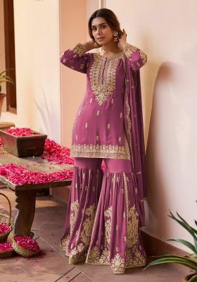 Purple Embroidered Silk Blend Kurta Set