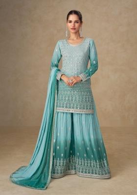 Blue Mirror Work Georgette Kurta Set